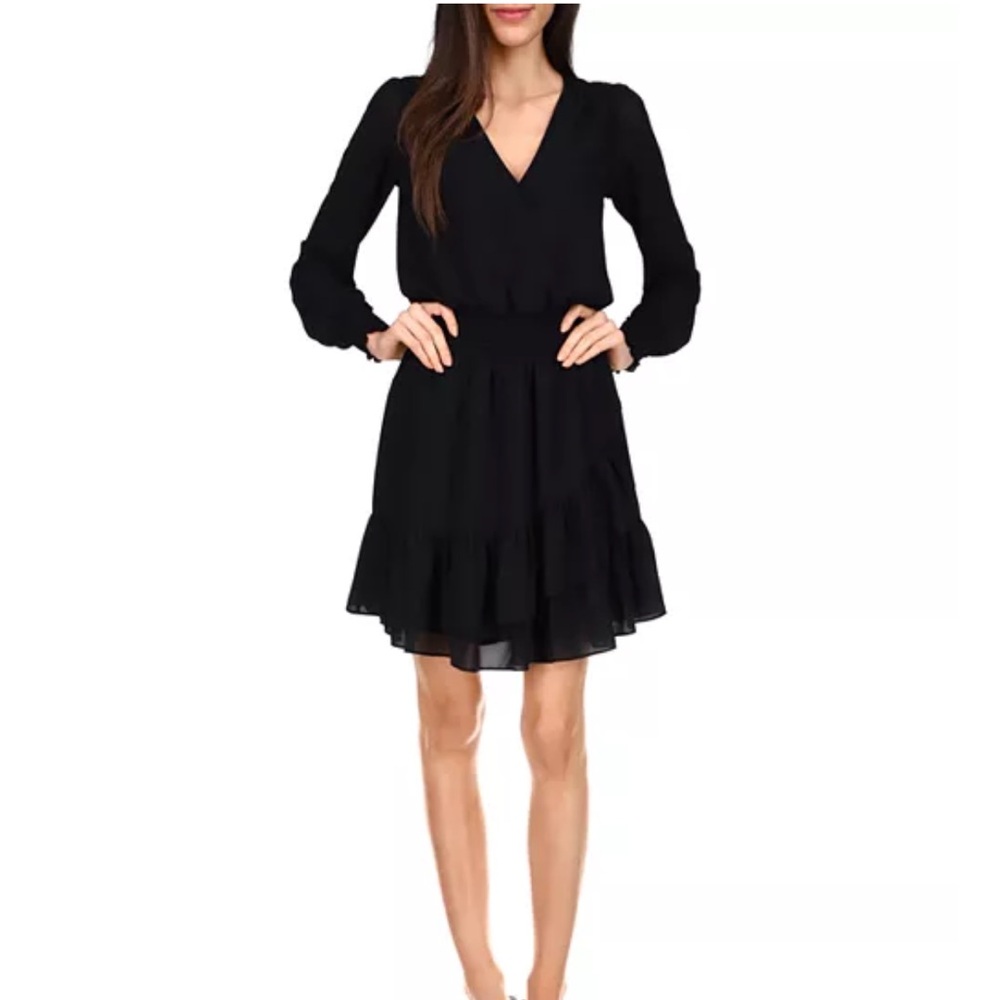 MICHAEL Michael Kors A-line silhouette sheer sleeves smocked waist black dress - Picture 2 of 16